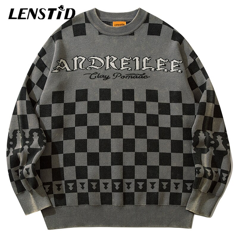 LENSTID Autumn Men Washed Knitted Jumper Sweaters Hip Hop Chess Plaid Streetwear Harajuku Fashion Casual Cotton Male Pullovers